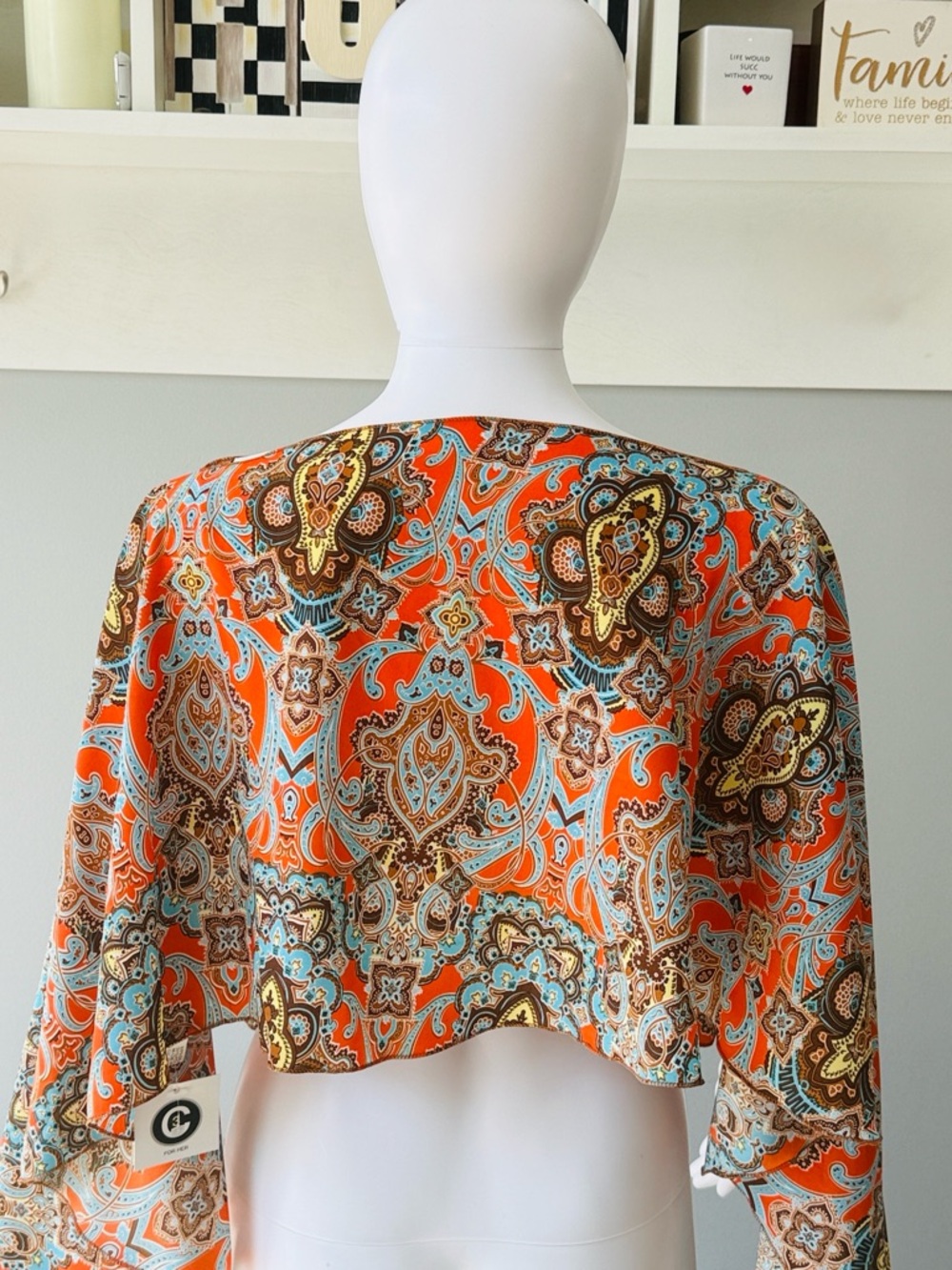 C3 Vibrant Orange & Turquoise Paisley Silk Multi-Style Poncho Top Blouse-1 Size - Picture 7 of 11